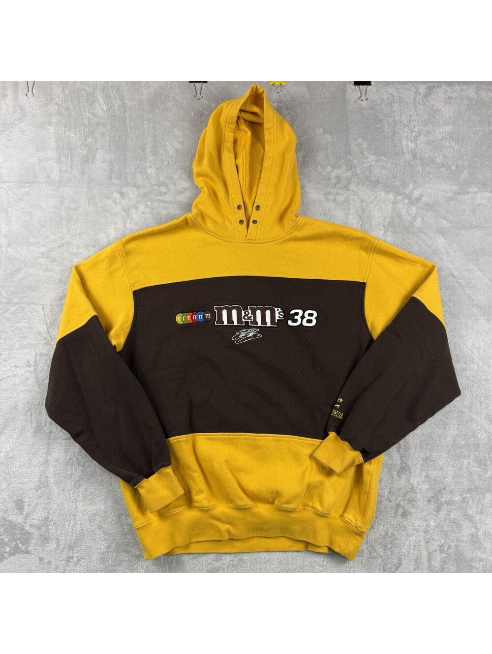 Vintage M&M’s Racing 38 Yellow Brown Colorblock Hoodie NASCAR Elliott Sadler Y2K